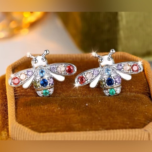 925 Sterling Silver Bohemian Rainbow Zircon Bumblebee Honey Bee Stud Earrings - Picture 5 of 6
